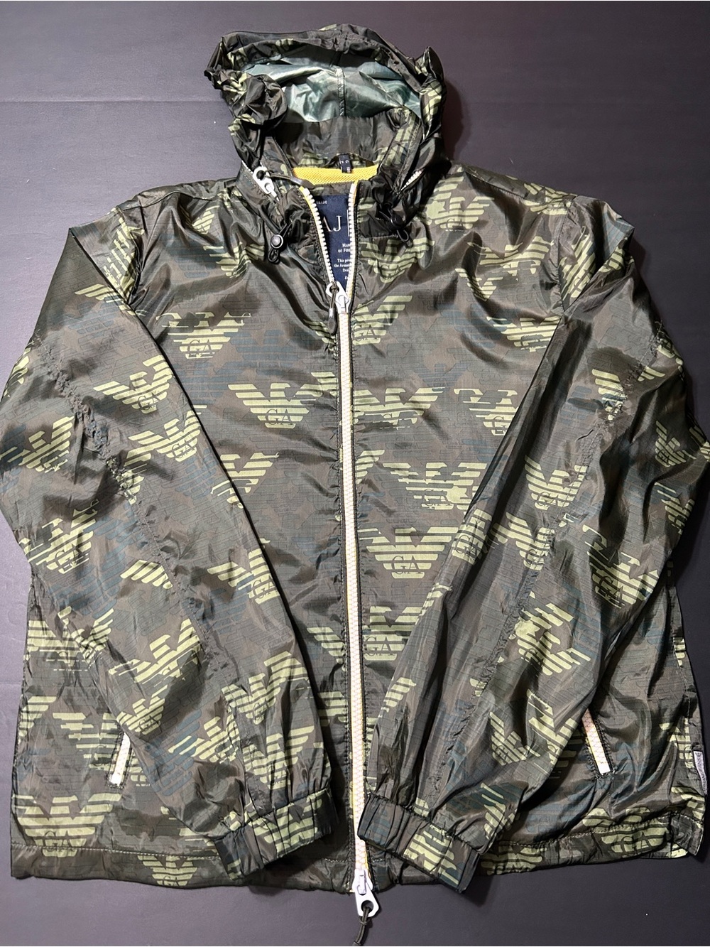 Emporio Armani Lightweight Hooded Windbreaker - Olive/Neon Logo New without tag